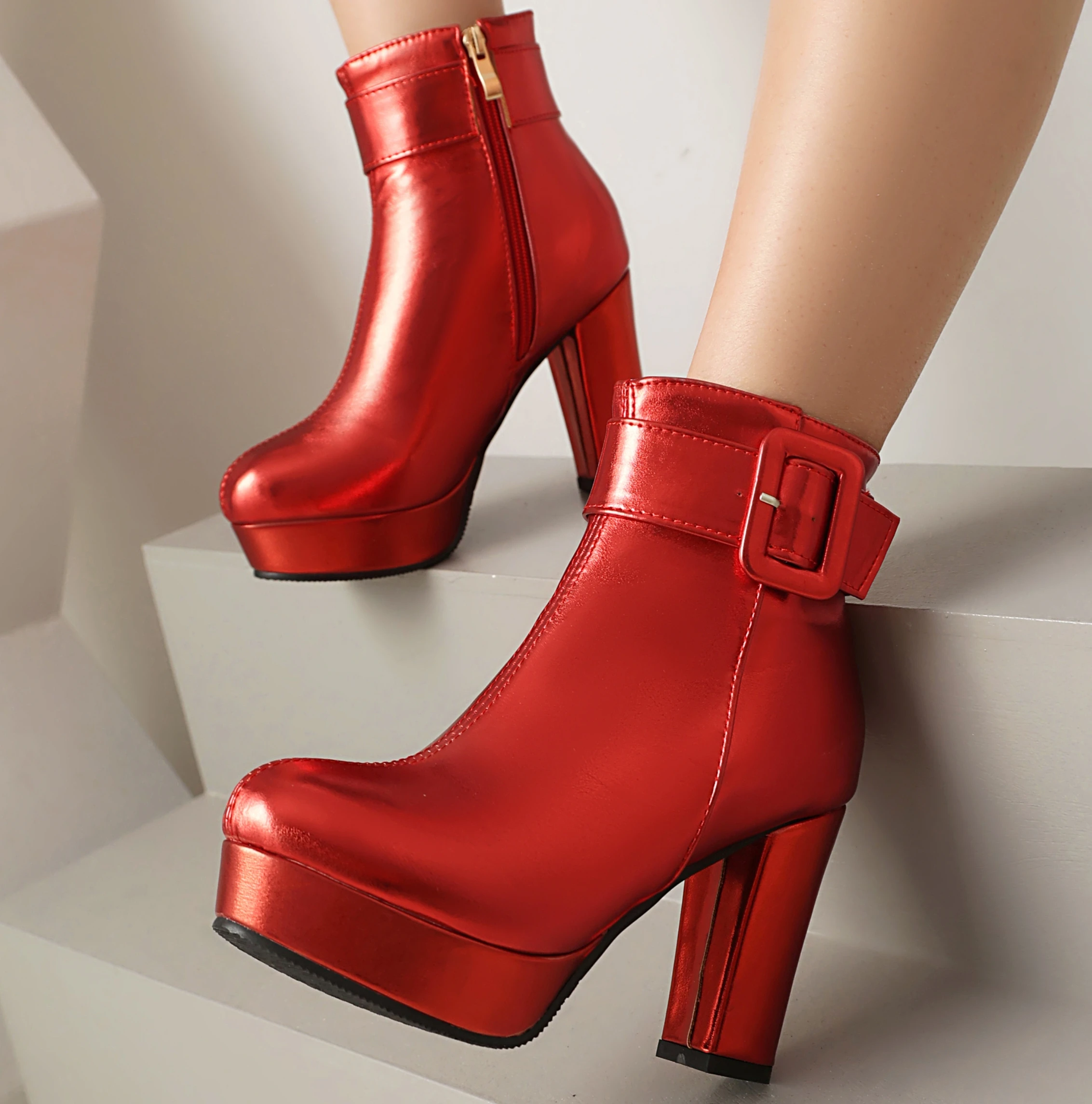 Luxury Women\'s Ankle Boots High Heels Platform Short Boot Zipper Gold Silver Pink Red Party Dance Shoes Female Large Size 45 48