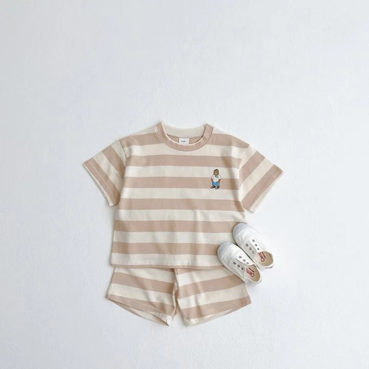 2026 Summer New Children Short Sleeve Striped 2pcs Set Baby Cotton T Shirts + Shorts Clothes Suit Infant Boy Cute Bear Outfits