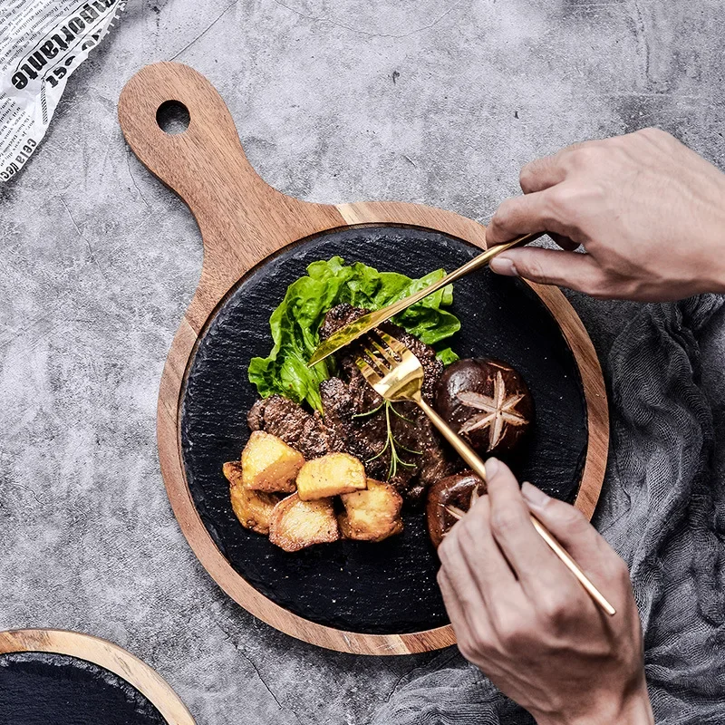 Round wooden handle with slate steak plate pizza plate black dinner  wooden wooden western food sushi tray