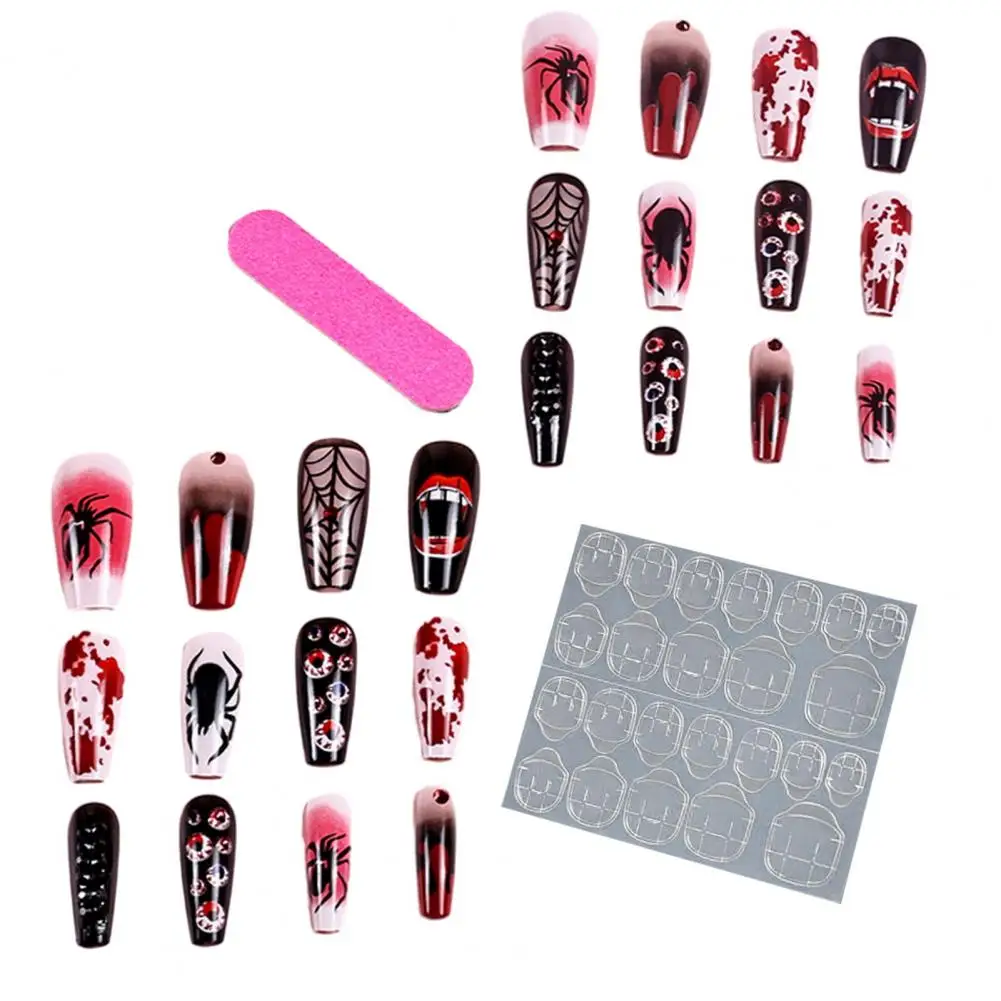 Spooky False Nail Spooky Halloween Nail Art 3d Eyeball Spider Fangs Decor False Nails Easy Removal Great Stickiness for Party