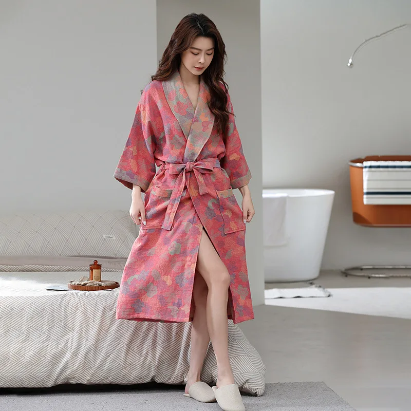 Spring and Summer Thin 100% Cotton Double-layer Gauze Bathrobe for Couples Pajamas Home Absorbent and Quick Drying Bathrobe