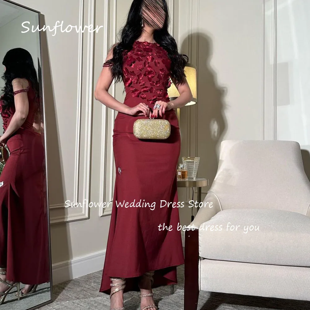 Sunflower Red O-Neck Appliques Mermaid Formal Evening Dress Saudi Arabia 2024 Slim Beading Crepe Ankle-Length Prom Dress