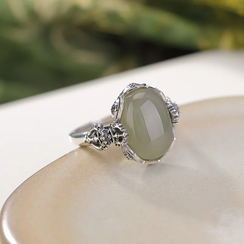 S925 Sterling Silver Hetian Jade Amber Vajra Surface Ring