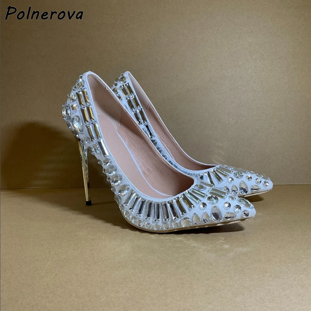 

Черно-белые туфли-лодочки со стразами, 2024, роскошные пикантные однотонные туфли на тонком металлическом каблуке с острым носком, летние пикантные туфли с блестящими кристаллами