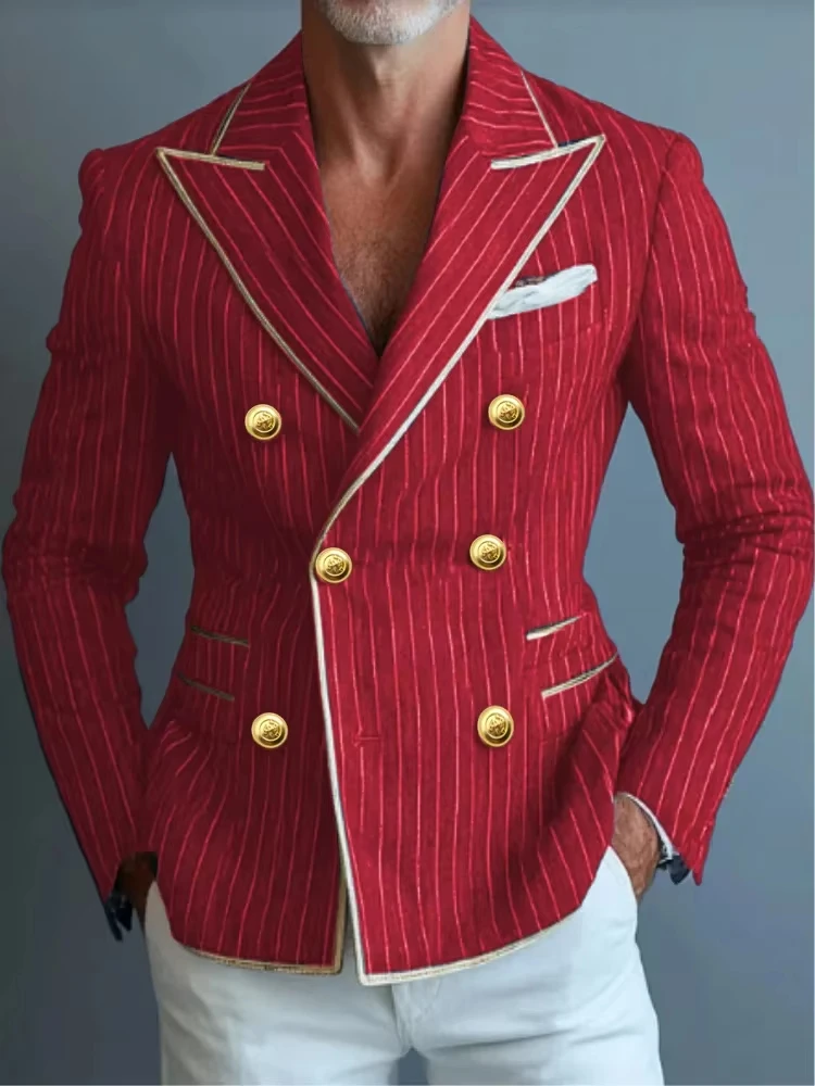 Blazers ajustados a rayas de gama alta para hombre, chaqueta de novio con solapa en pico de negocios, esmoquin Formal para graduación, trajes elegantes con doble botonadura para hombre