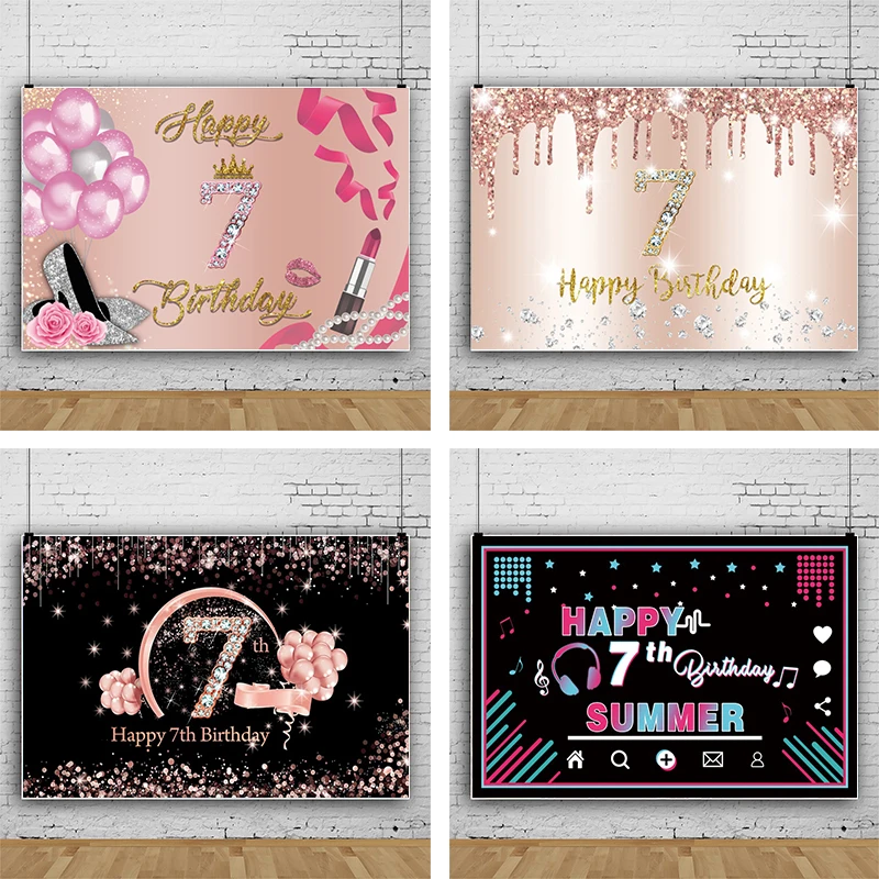 

Happy 7th Birthday Backdrop Boys Girls 7 Years Party Black and Pink Glitter Decorations Photo Background for Photography Banner