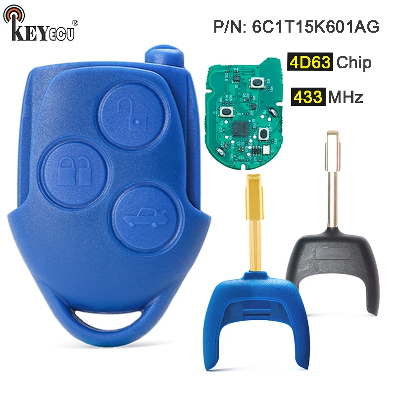 KEYECU 433MHz 4D63 Chip P/N:6C1T15K601AG Replacement 3 Button Remote Car Key Fob for Ford Transit WM VM No/With Blade FO12