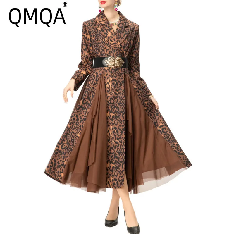 

QMQA модный женский плащ с леопардовым принтом, двубортный сетчатый ветровка с лацканами и длинными рукавами, с поясом, новинка 2025, QM913