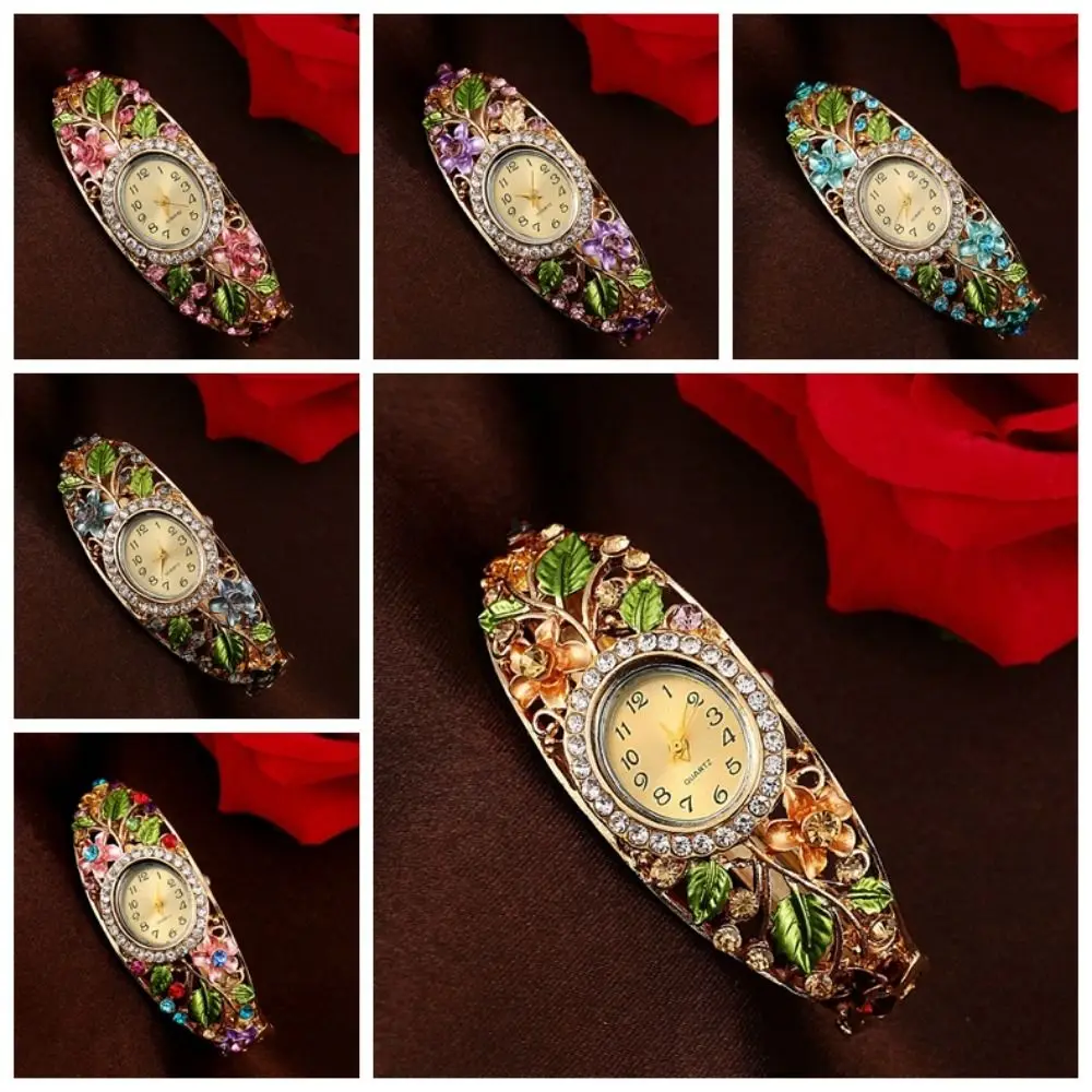 Delicate Alloy Rhinestone Dress Watch Round Dial Luxury Flower Watch Quartz Movement Quartz Bracelet Wristwatch Daily Use