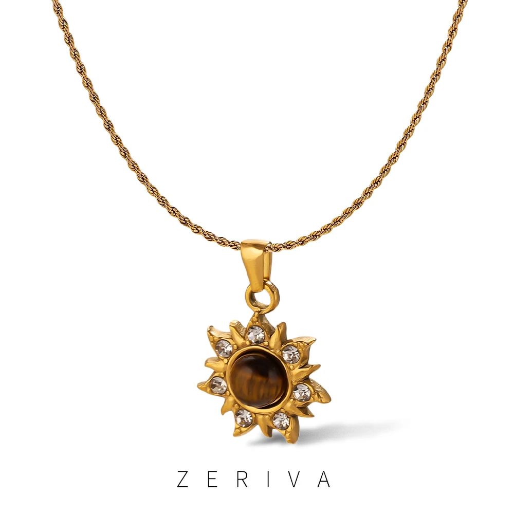 

ZERIVA Golden Fashion Sun Stainless Steel Brown Tiger Eye Stone Pendant Necklace for Women Men Vintage Fine Sweater Chain Gift