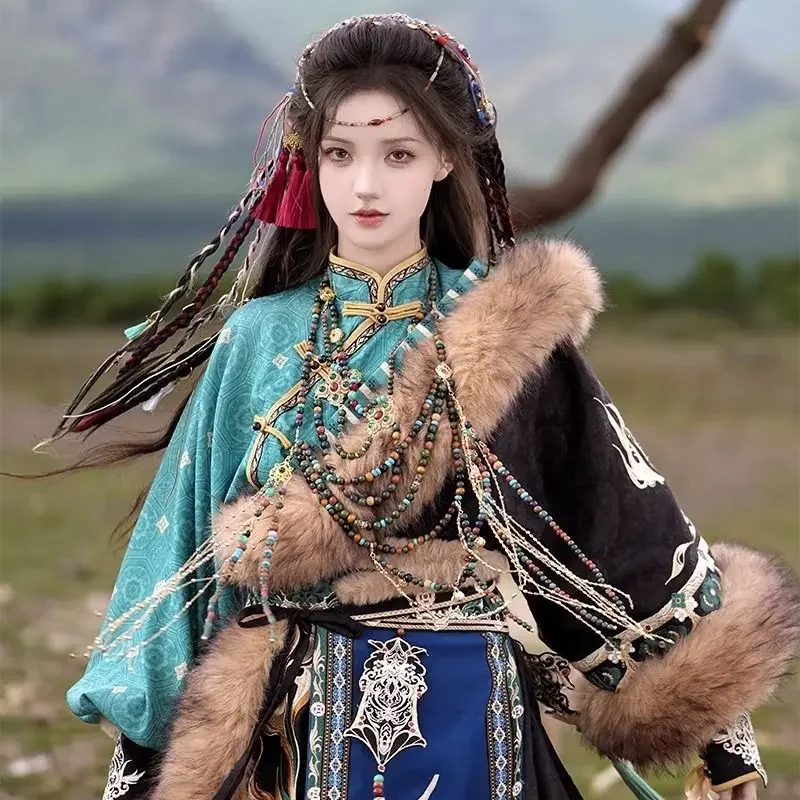 Tibetan Robe Autumn/Winter Tourism Photography Ethnic Style Embroidery Three Piece Set