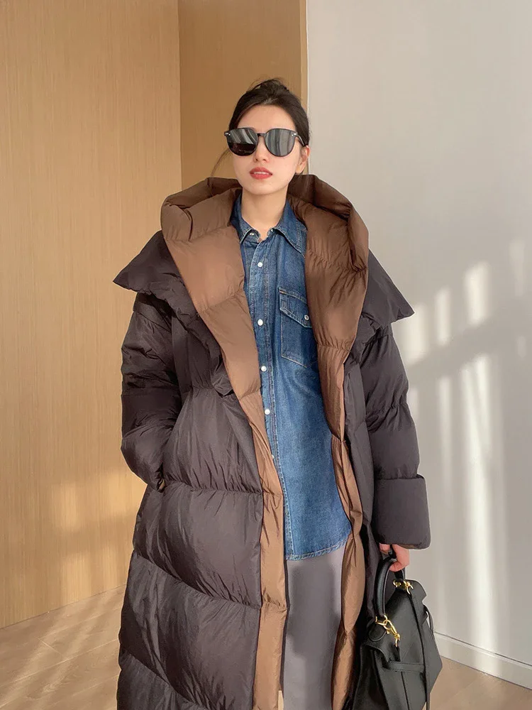 Female Fashion Fake Two-piece Parkas Down Jacket Thick Warm Hooded Long Coat Fluffy White Duck Down Jacket New Winter 2024