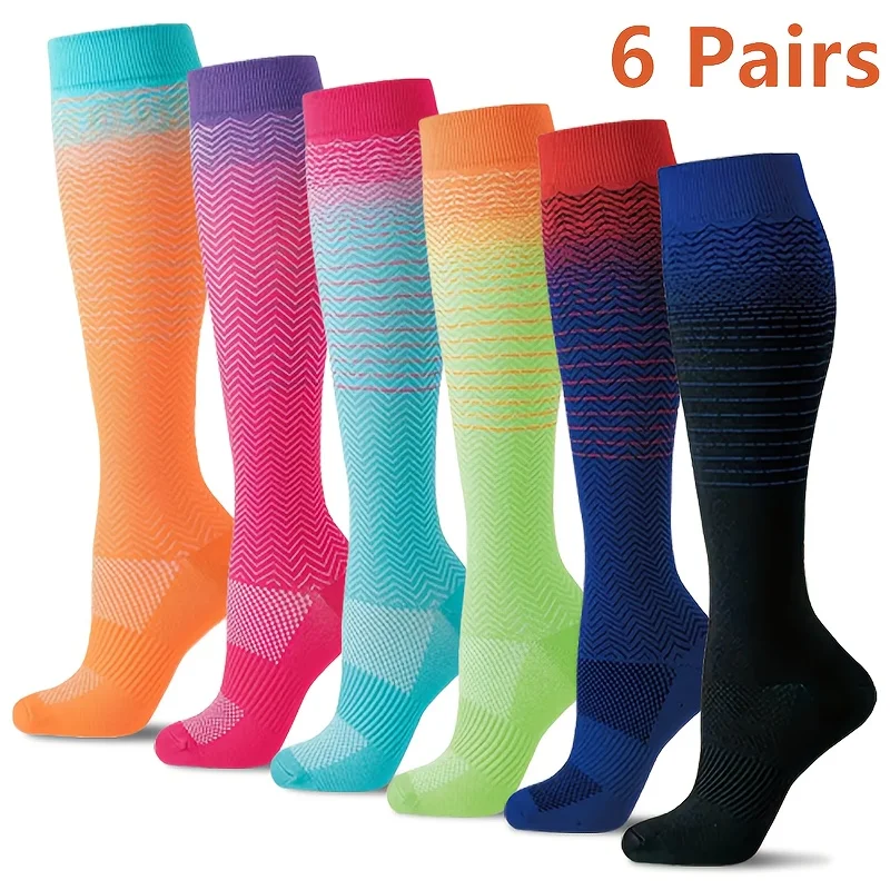

6 Pairs Compression Socks for Men and Women (S/M, L/XL) 15-20 mmHg Knee-High Compression Socks Ideal for Running, Cycling,