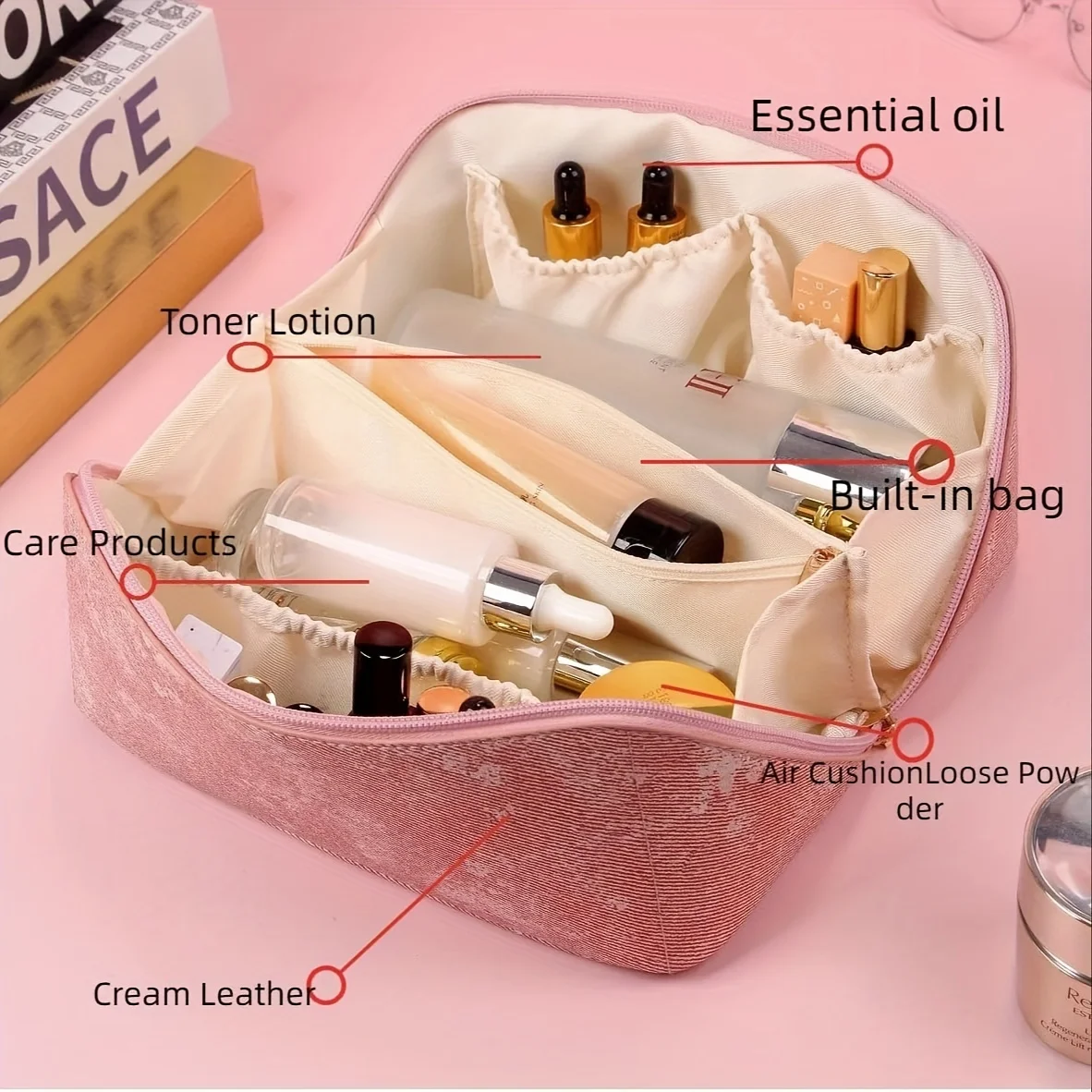 Borsa per il trucco da viaggio, borse per cosmetici di grande capacità per le donne, borsa per il trucco piatta aperta con custodia portatile