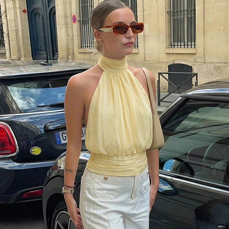 

Ticketsx Summer Halter Lace Up Tops Solid Women's Backless Sleeveless Slim Tank Top Elegant Vacation Streetwear Female Clothing