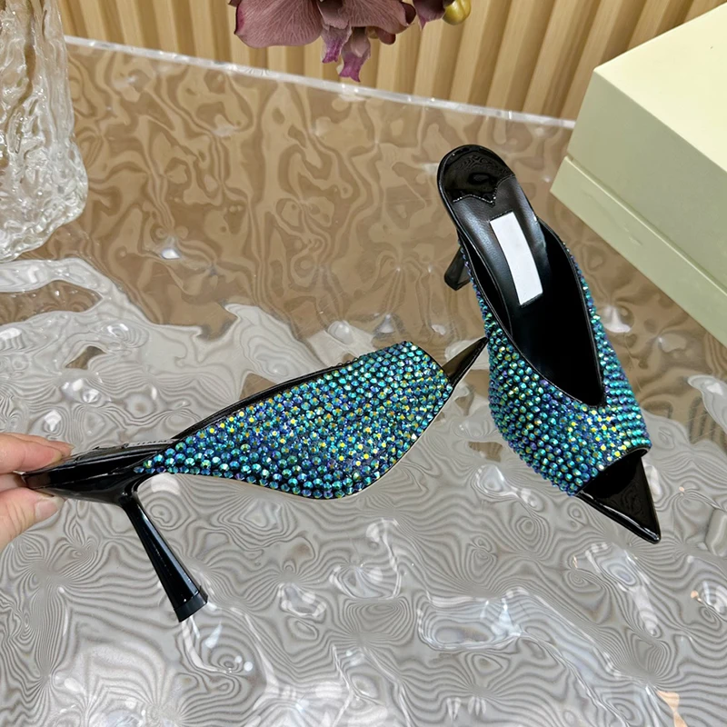 Full Pearl Decor Fairy Shoe Open Pointed Toe High Heel Wearing Slipper for Women Summer Sexy Slim Heel Party Banquet Sandal Shoe