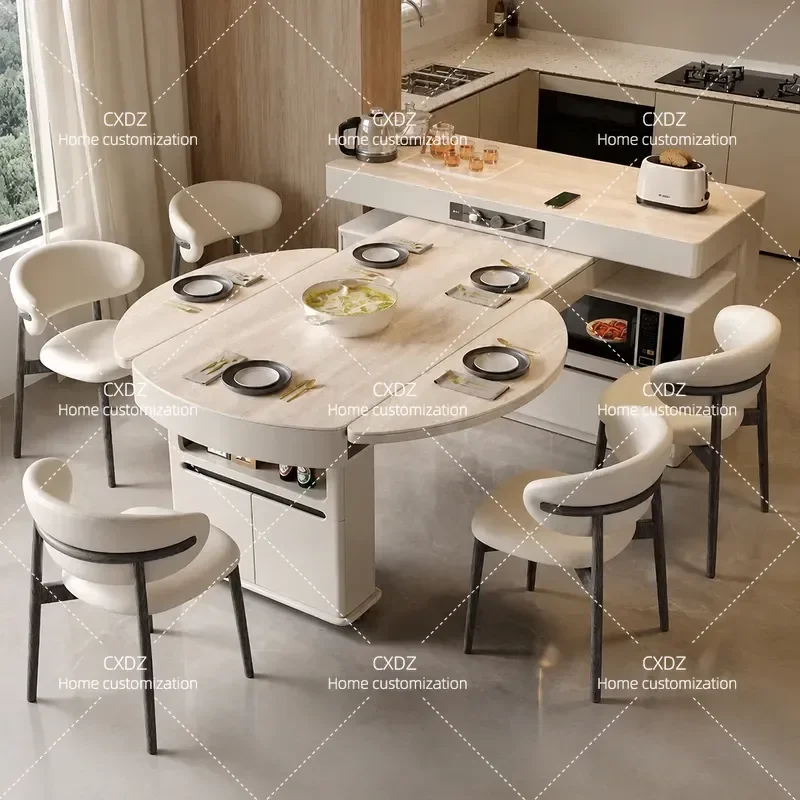 Multifunctional Cream Wind Solid Wood Travertine Rock Slab Island Dining Table Integrated Retractable Folding Square and