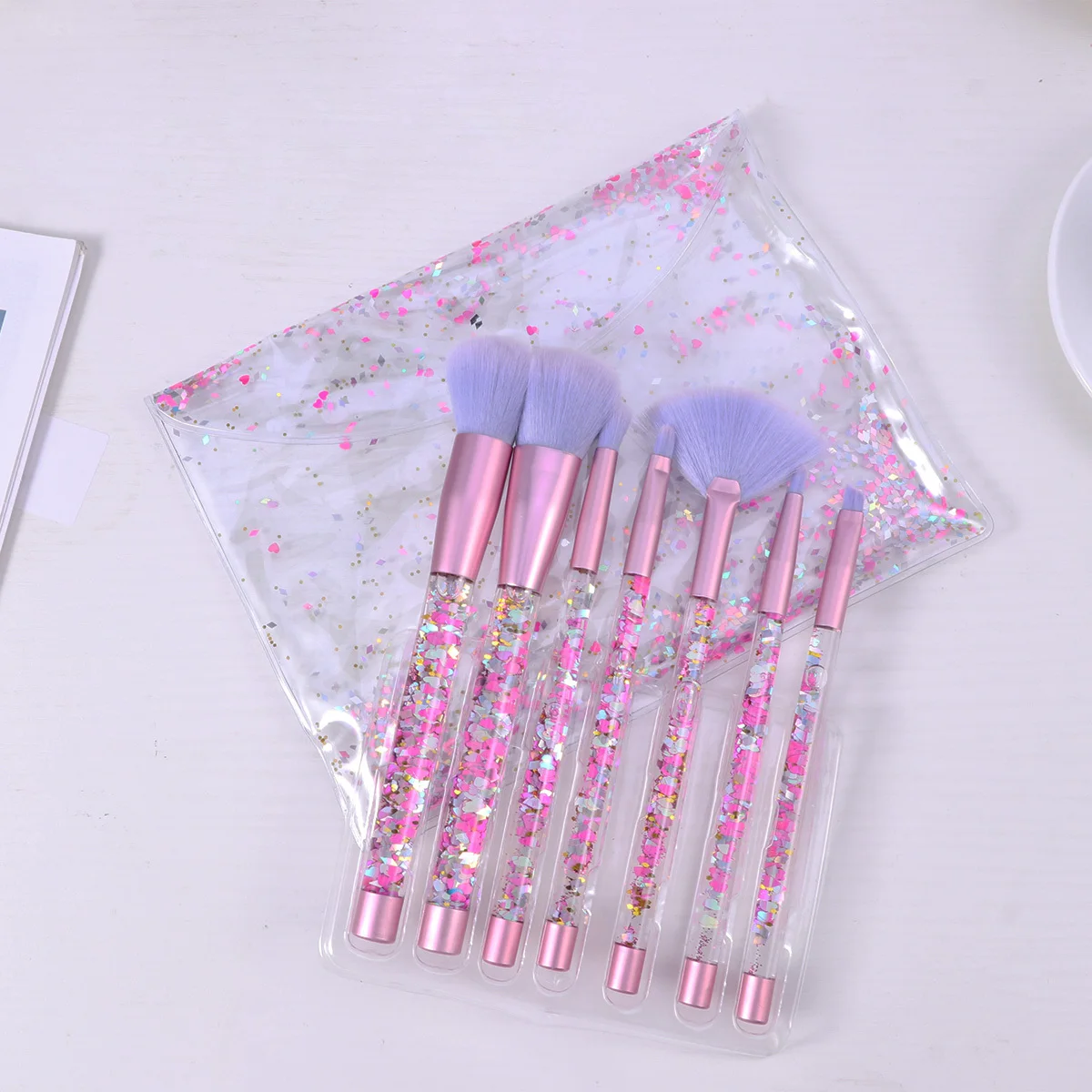 7개 메이크업 브러쉬 세트 투명 크리스탈 라인스톤 핸들 부드러운 섬유모 메이크업 브러쉬 키트 여성용