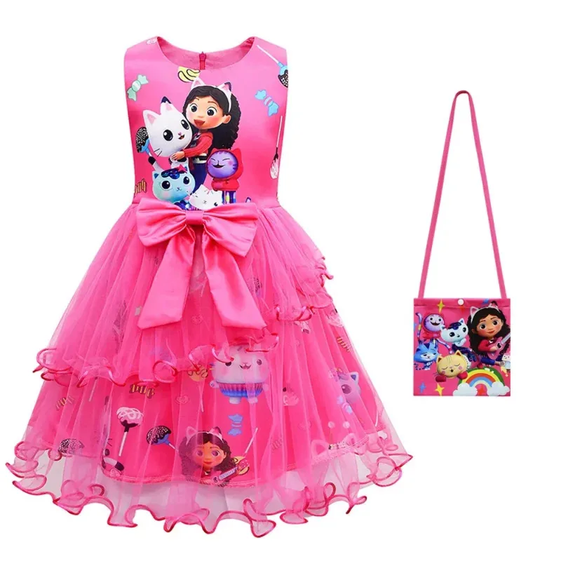 Nuevo disfraz de casa de muñecas Gabbys para niña, vestido de encaje, moda para chico, vestido de princesa con estampado de lazo, ropa tipo túnica para niños