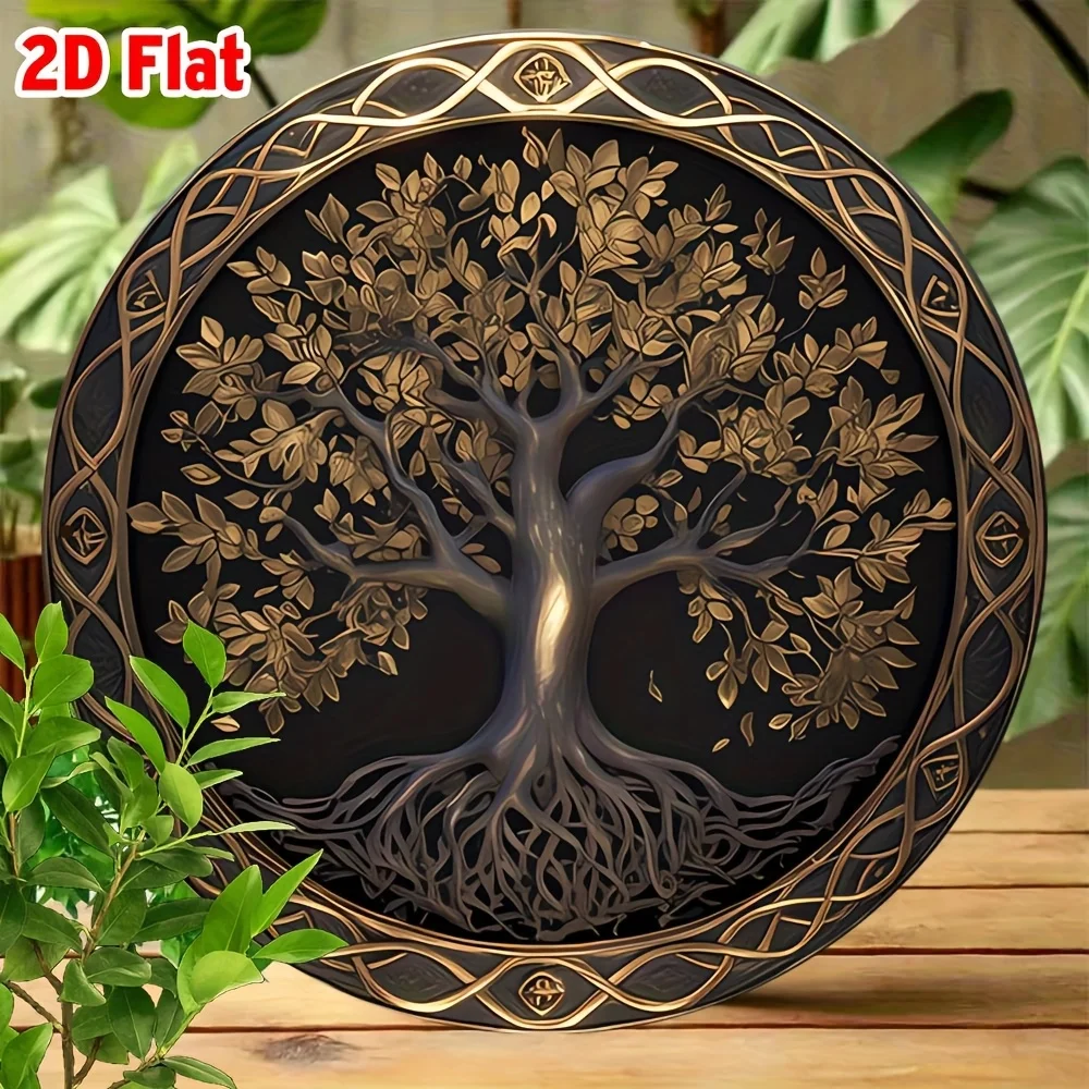2D Flat Round 1pc Vintage Tree of Life Aluminum Wall Art - 8x8 Inch Metal Sign with Golden Leaves & Celtic Knot Design, Dark Bac