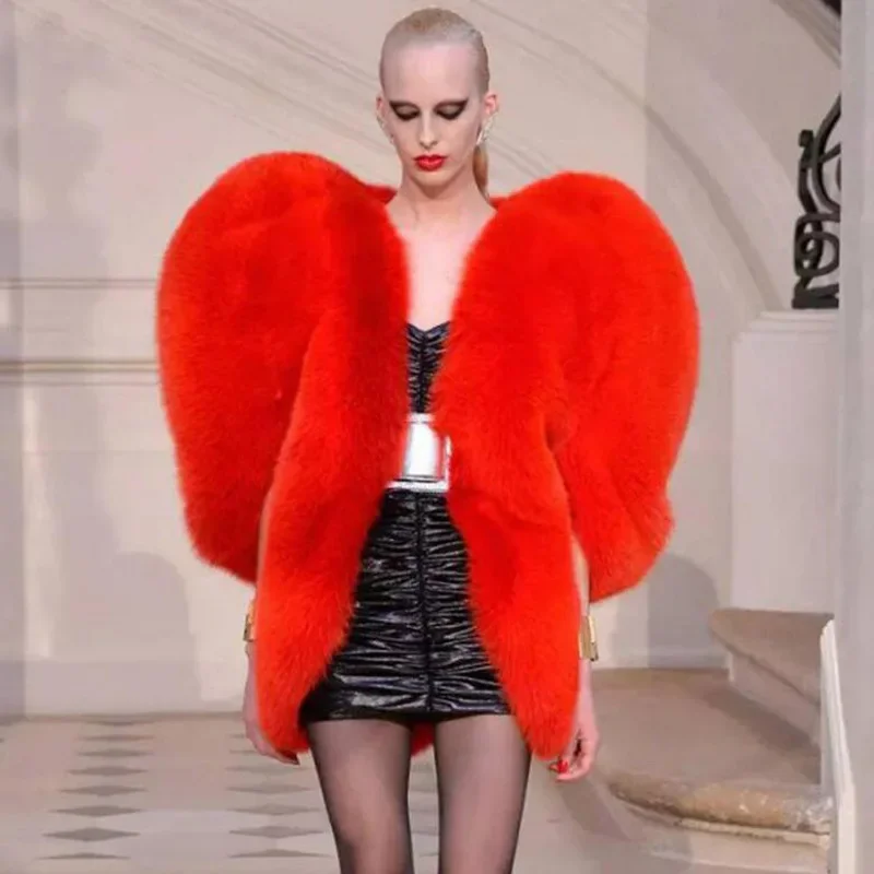 Stijlvolle 3D Rode Liefde Hartvormige Cape Womens Kunstmatige Vos Bontjas Dikke Warme Vrouwen Kleding Harige Shaggy Bovenkleding Winter Top