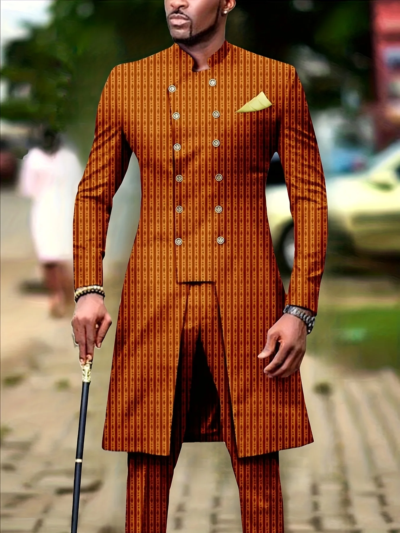 

Men's casual two-piece suit set with long sleeves, mid-length jacket and trousers.