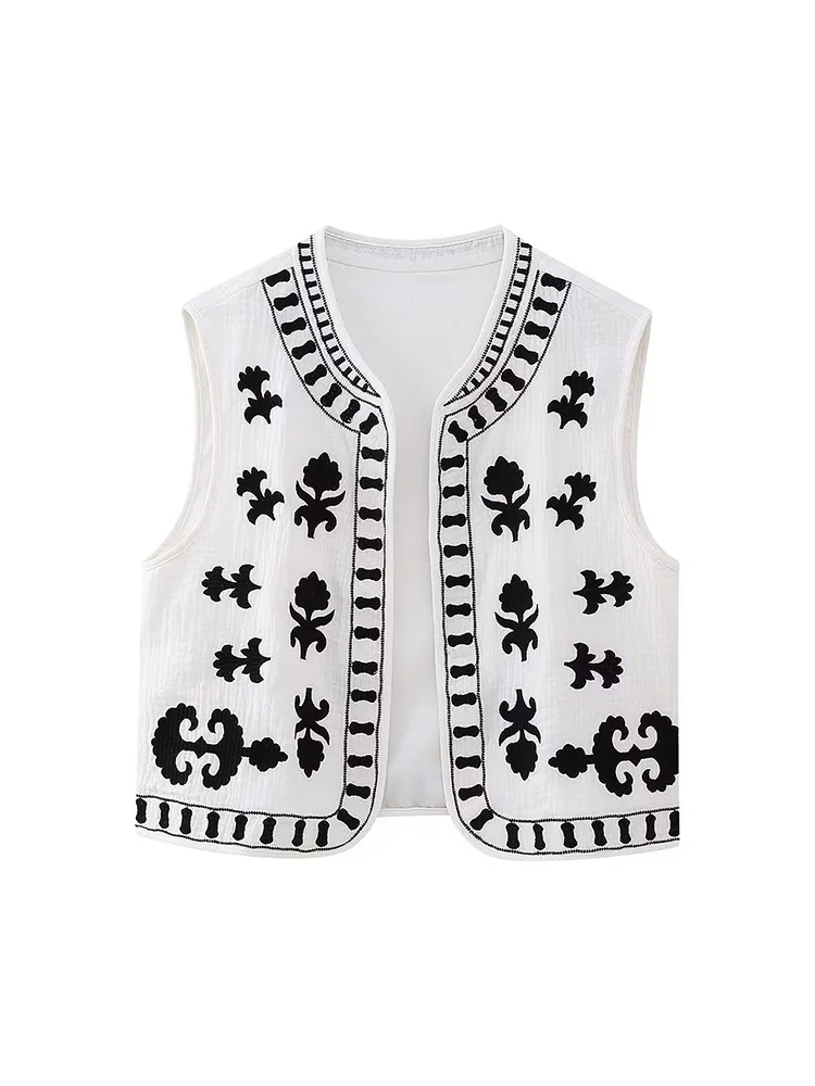 Traf Vintage Floral Embroidery Women Vest V Neck Short Crop Top Summer Slim Waistcoats Female Sleeveless Coat Y2k 2023 Thin