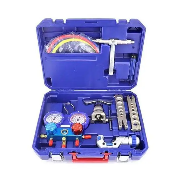 

Manifold Gauge With Flaring Expanding Tool Tube Cutter Deburrer WK-8P Portable Box Set HVAC Tool All In One Plastic Suitcase