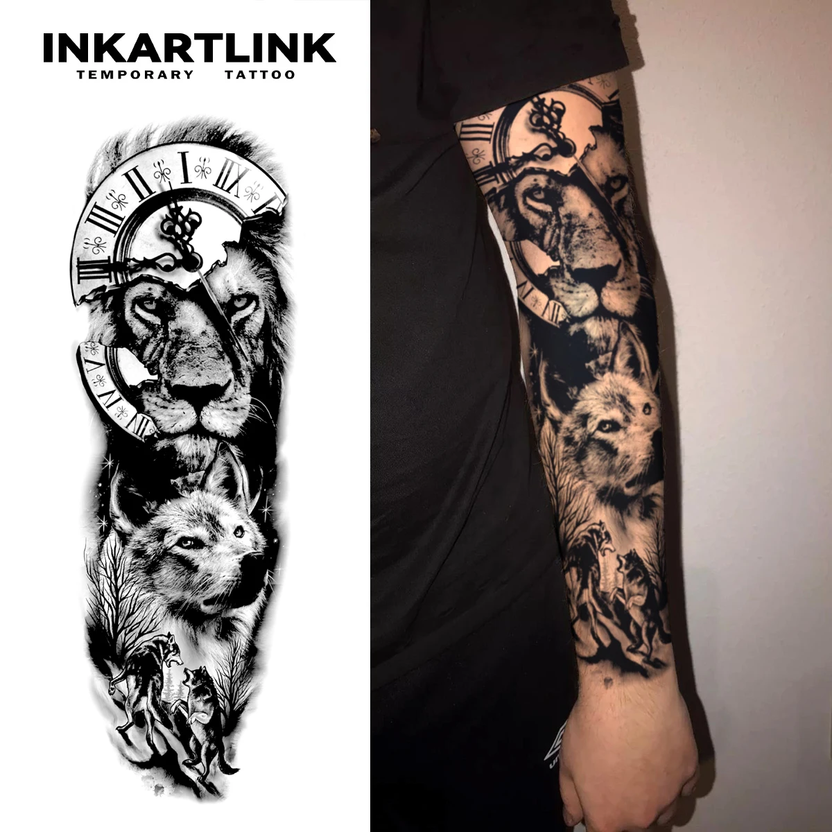

Lion And Wolf Temporary Tattoo,Lasts To 15 Days New Technology Magic Waterproof Semi Permanent Sticker,For Men's Sleeve Tattoos.