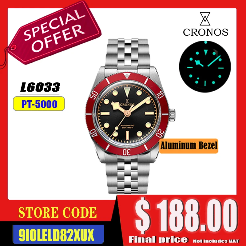 

Cronos Роскошные мужские часы 37 мм Diver BB54 Винтаж Автоматический матовый/алюминиевый безель Женские концевые звенья Сапфир 20 бар L6033 M