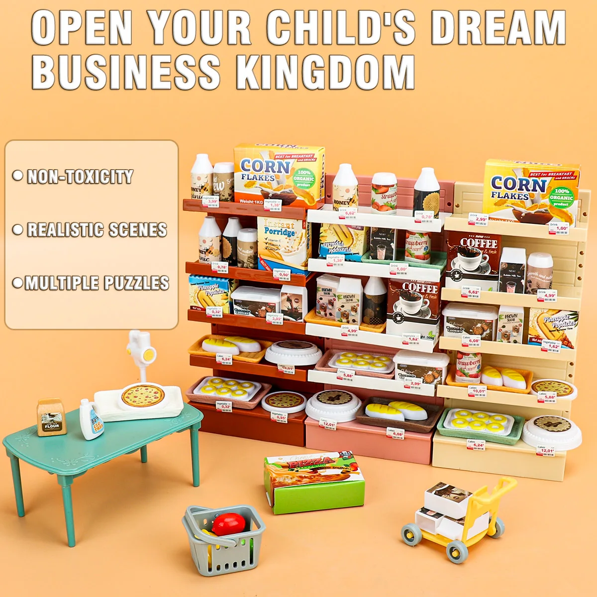 Prateleira de supermercado para crianças, brinquedos de simulação, comida em miniatura, ornamentos, casa de boneca, mini produtos aleatórios, modelo de rack de exibição de lanche