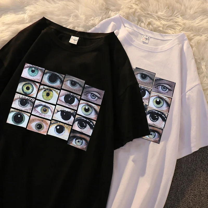 Harajuku Eyes Print T-Shirt for Men and Women, Short Sleeve, Y2K Streetwear Tops,  Vintage Gothic Black O-Neck Tee Shirts