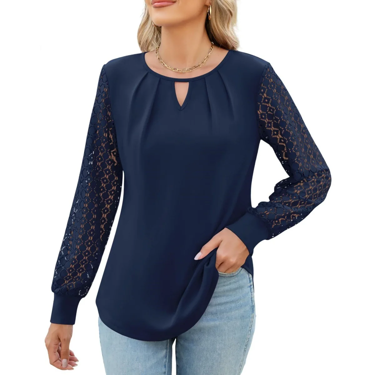 Women Hollow Out New Knitted Lace Stitching Long Sleeve Round Neck T Shirt Top Blouse