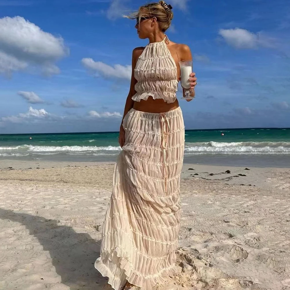 Talenza Lace Neck Strap Long Skirt Set 2-piece Women\'s Sexy Backless Folded Vest Long Skirt Set Loose Vacation Women\'s Skirt Set