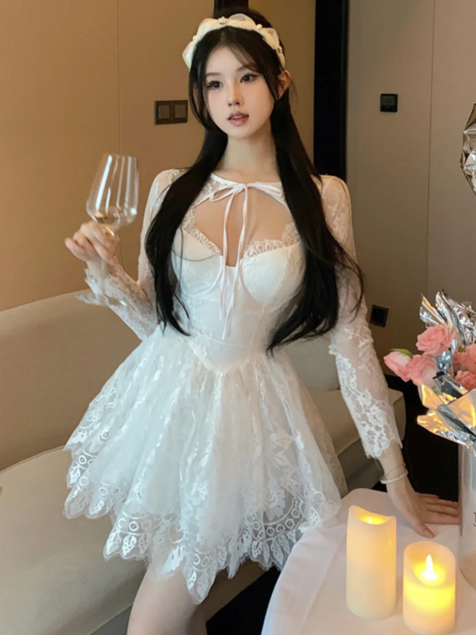 

Woman Sexy Slim Lace Mini Dress Sweet Lace-up Long Sleeve Princess Birthday Clothes Spring Summer Elegant Fairy Vestidos Mujers