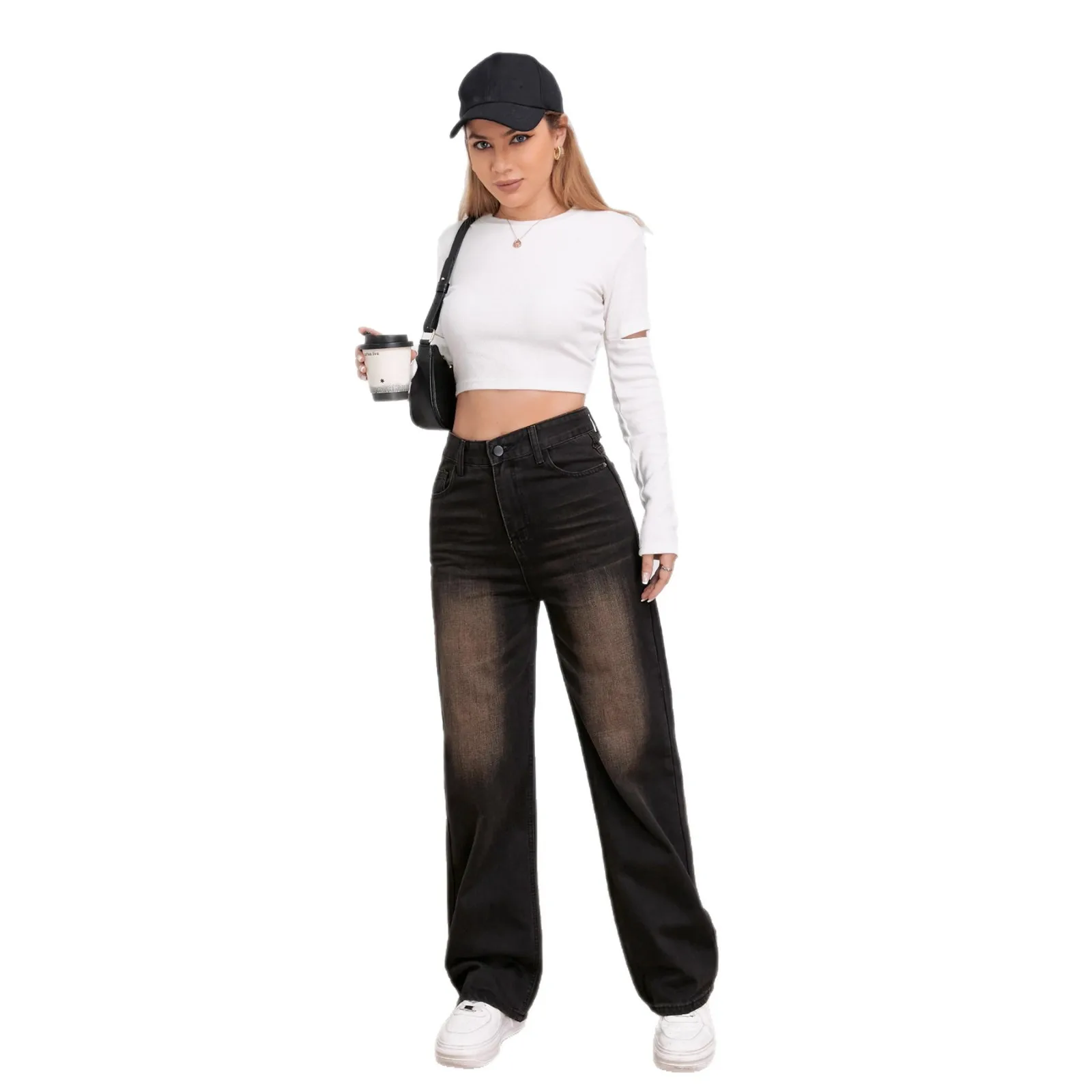 Vrouwen hoge taille denim broek gesplitste noodlijdende broek streetwear jeans zakken rechte broek eenvoudig casual lente herfst 2025,