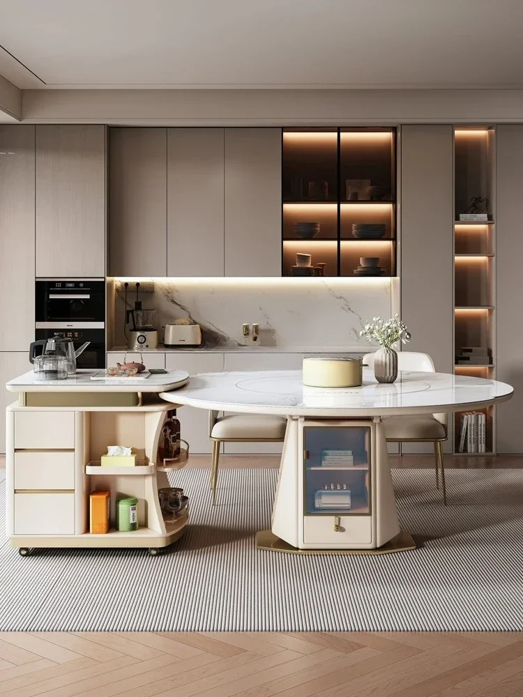 Cream wind rock slab island dining table integrated household small apartment embedded turntable induction cooker dining table