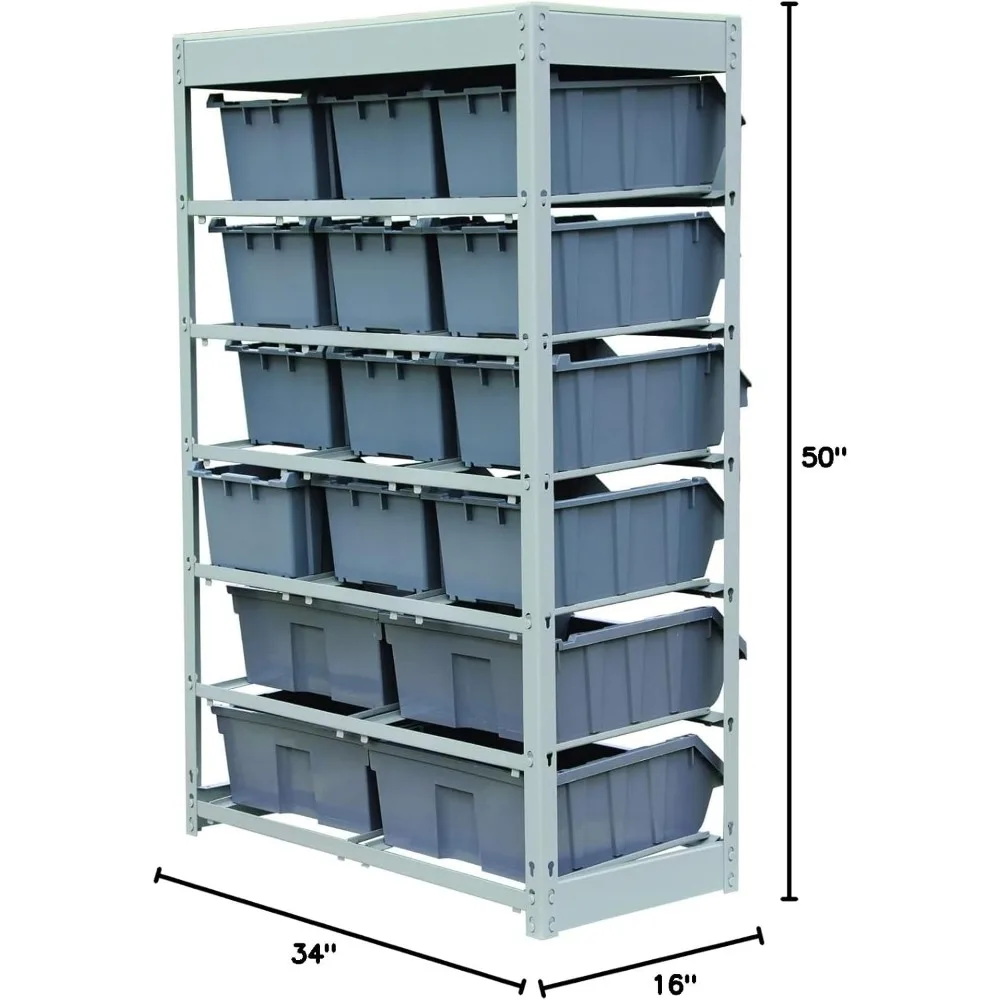 King's Rack Bin Rack Storage System Heavy Duty Steel Rack Organizer Shelving Unit w/ 16 Plastic Bins in 6 tiers