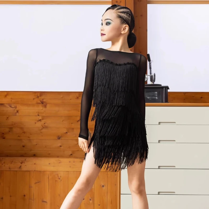 소녀 섹시한 라틴 댄스 드레스 블랙 어린이 전문 경쟁 볼룸 댄스 드레스 Tassel Tanggo Cha-cha Waltz Dancewear