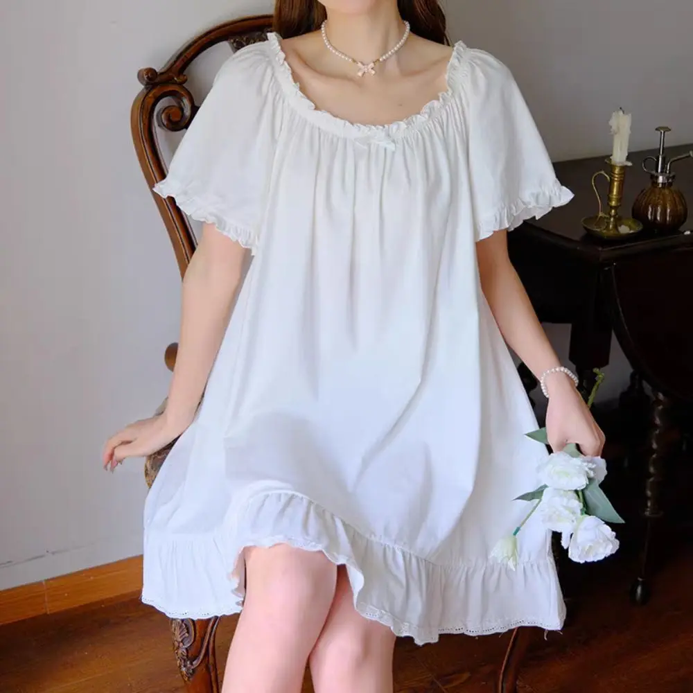 

Fashion Bowknot Women's Pajama Dress Short Sleeve Home Wear Ruffle Nightdress Sleepwear Loose Princess Nightgown Female