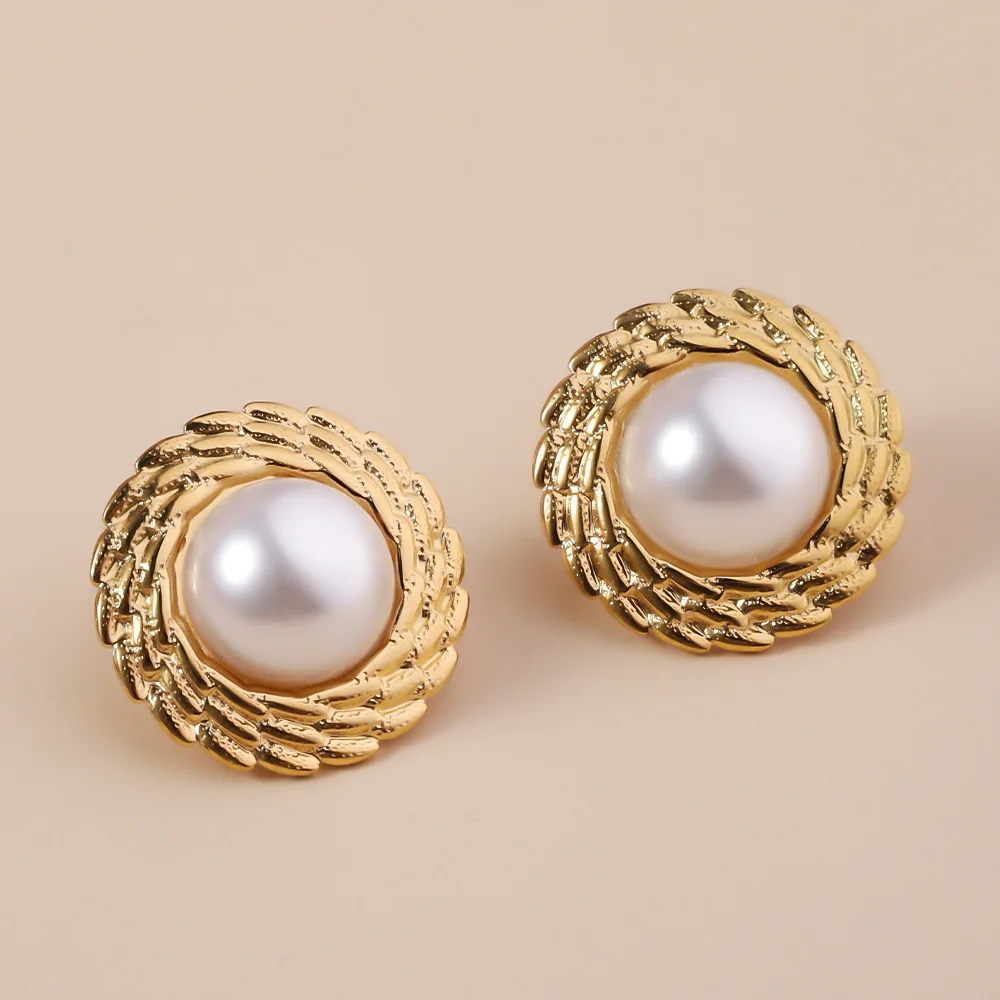 Fashionable French Retro Stainless Steel Women's Stud Earrings, Geometric Artificial Pearl Gold Color Metal Earrings