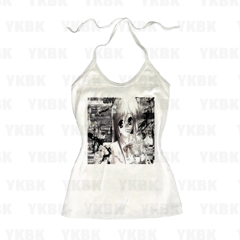 Harajuku النساء Y2K الشارع Harajuku موضة حار فتاة رداء علوي غير رسمي الصيف الرجعية القوطية الأبيض طباعة قميص الانمي فتاة حار ايمو