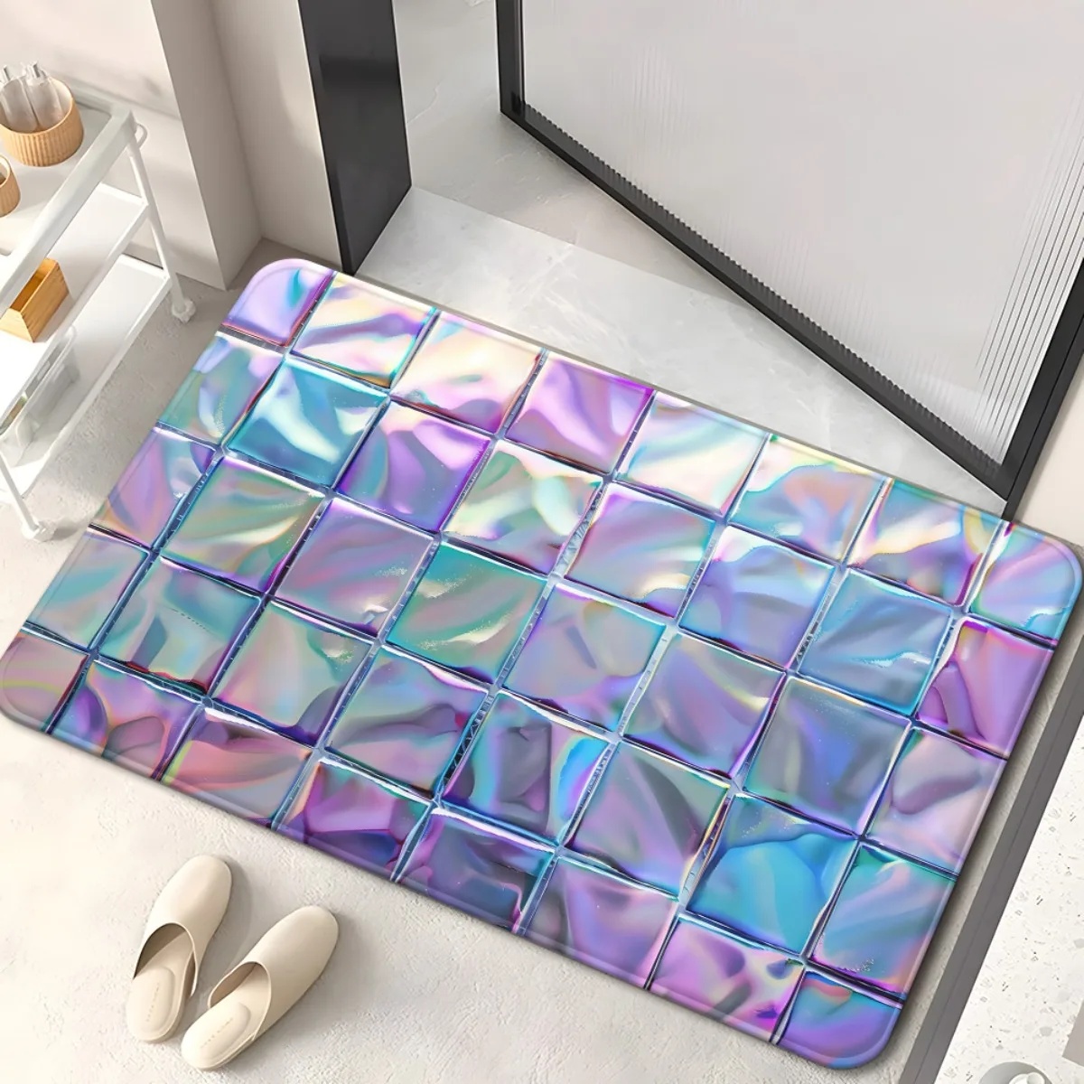 Iridescent Shimmering Tile Doormat - Purple Pink Non-Slip Floor Mat - Washable Indoor Outdoor Entryway Decor Area Carpet Rug