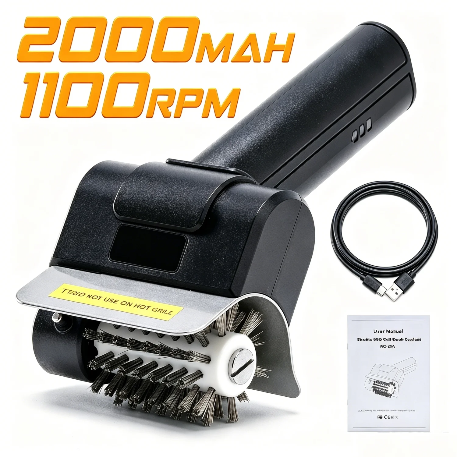 Outdoor Power Brush - 電動充電式グリルブラシ - 2000mAh&1100RPM、高出力回転グリルブラシ＆長時間使用可能、コードレス/充電式、回転式ステンレススチール製BBQブラシ、屋外用プロフェッショナルグリルクリーナー - 高耐久コードレス電動ツール。