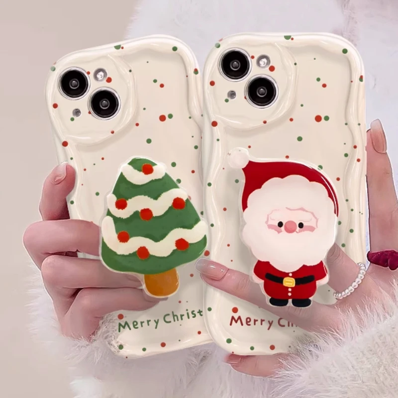 Santa Christmas Tree Stand Holder Phone Case Lovely Cover For iPhone 16 15 Pro Max 16 15 14 Plus 13 12 Mini 11 XR XS 8 7 Plus