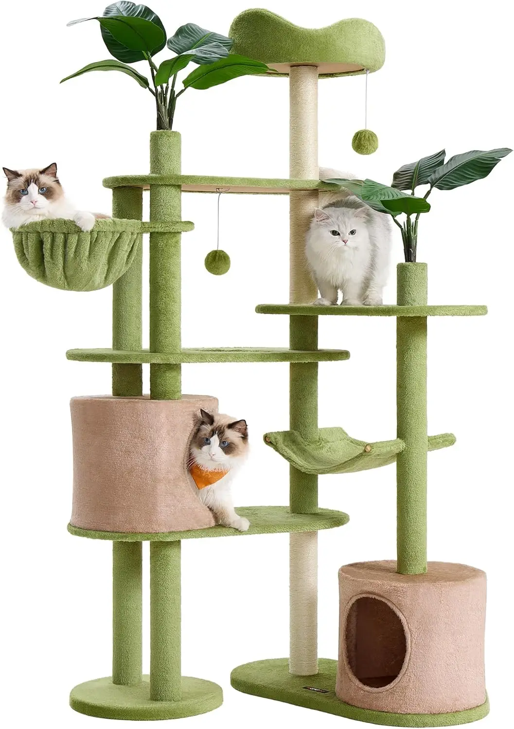 

68-Inch Cat Tree with Plush Condo, Hammock, 3 Scratching Posts, Artificial Leaves for Indoor Play and Relaxation