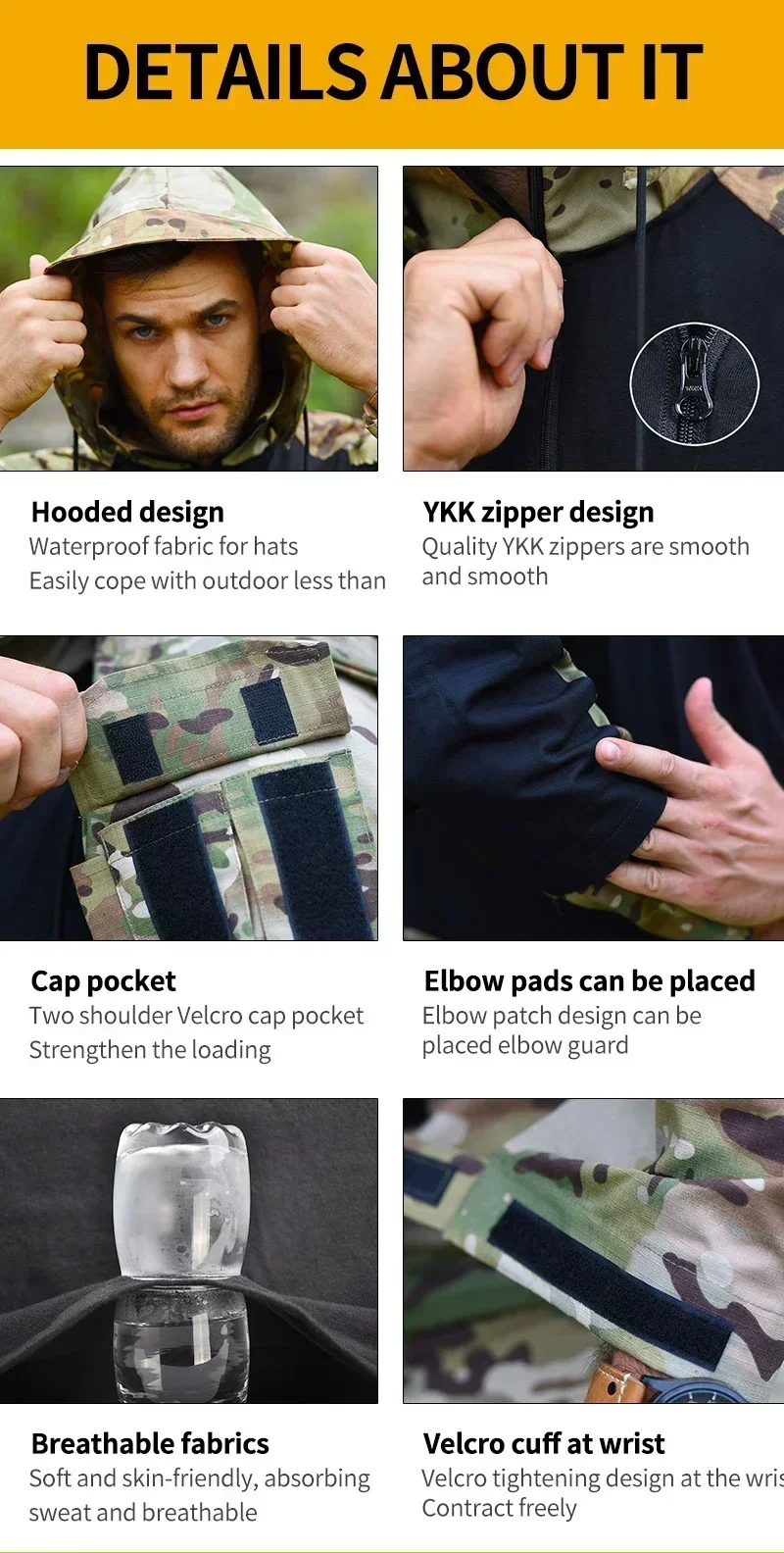Herren Langarm Combat Shirt 1/4 Reißverschluss Ripstop Taktische Shirts Mit Kapuze Camo Airsoft T Shirts Wandern Jagd Kleidung Pullover – Detail 11