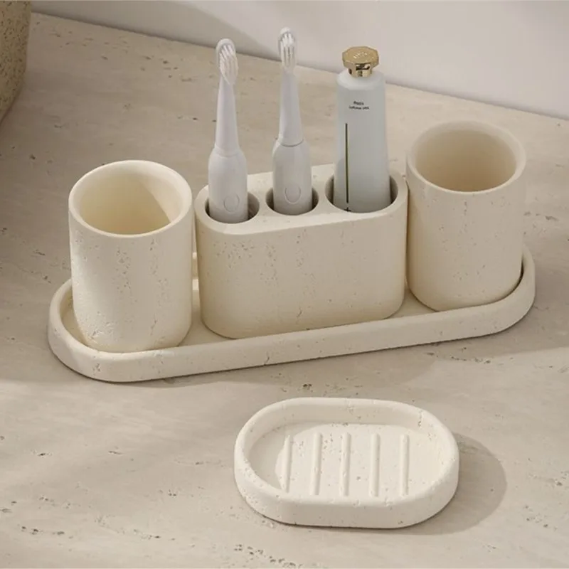 Rice White Gravel Material Wash Cup Set Rinse Cup Brush Cup Set Bathroom Cup Tray Water Cup Wash Cup Set 4/5/6 Piece Set ZG813