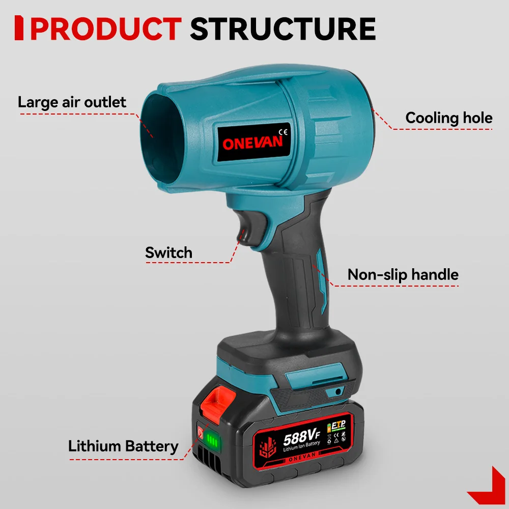 ONEVAN 1200 واط الكهربائية توربو منفاخ اللاسلكي 150 متر/الثانية يده منفاخ الهواء الغبار ورقة الثلج تهب أدوات ل ماكيتا 18 فولت بطارية دبوس
