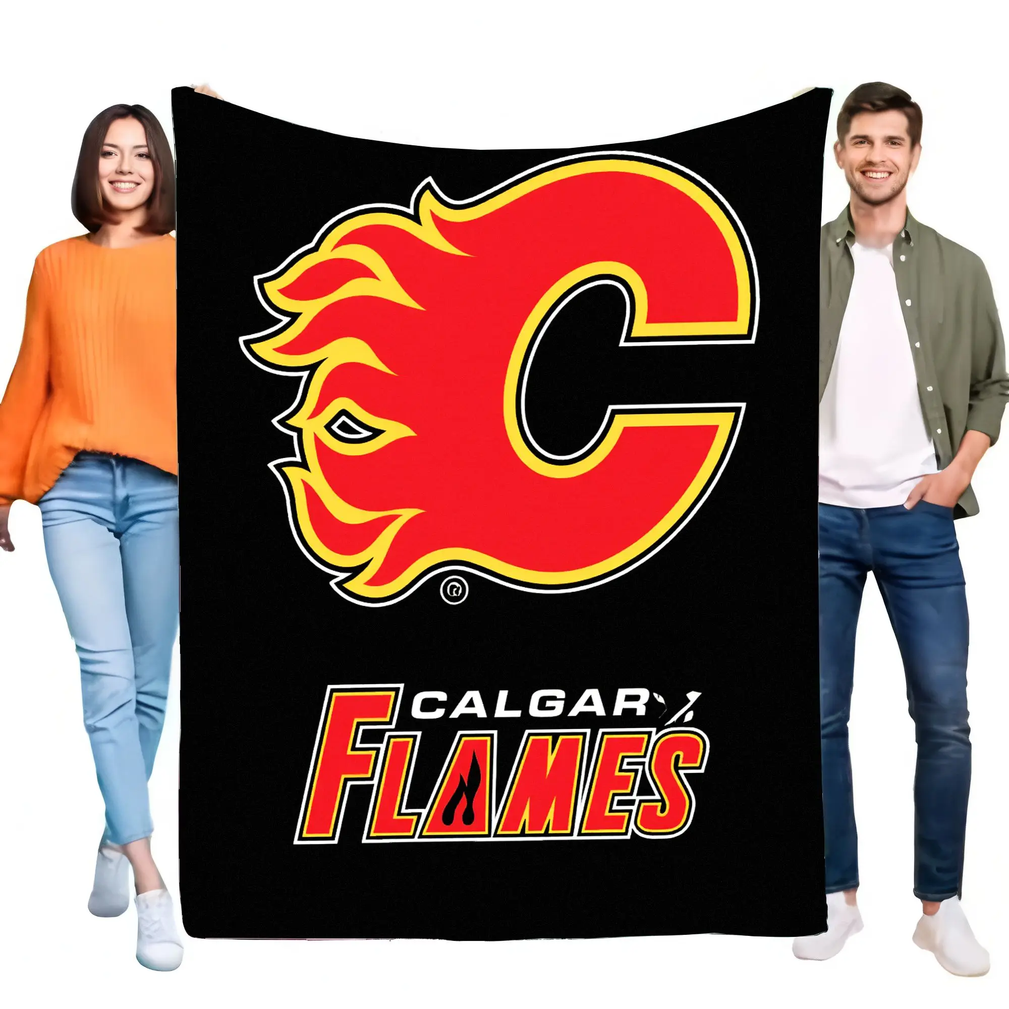 Calgary Flames Large Black Blanket with Logo, Soft and Cozy Bed Sofa Throw, Perfect for Hockey Fans, Vibrant Red 'C' with Flames